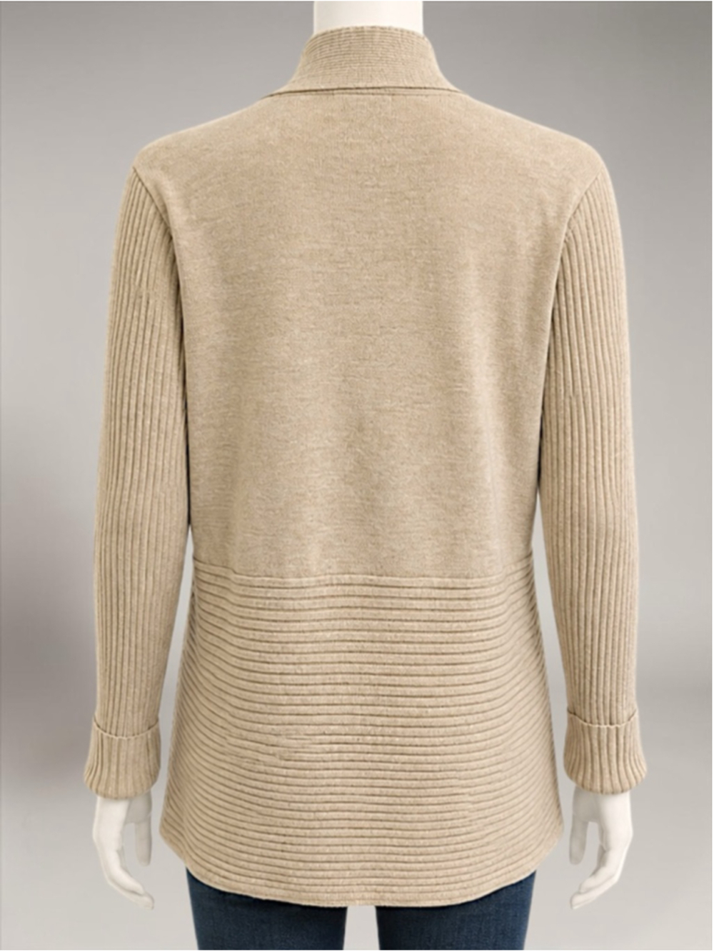 Women's Ellie Beige Ribbed Knit Open Cardigan Sweater L - Picture 5 of 7